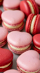 Fototapeta premium Delicate, heart shaped macarons in pastel pink and red hues, filled with a champagne-flavored buttercream.