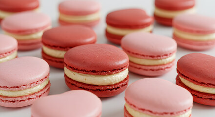 Fototapeta premium Delicate, heart shaped macarons in pastel pink and red hues, filled with a champagne-flavored buttercream.