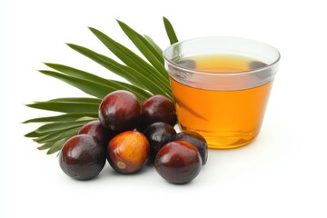 Fresh Palm Oil and Fruits with Green Leaves on White Background for Culinary and Wellness Use