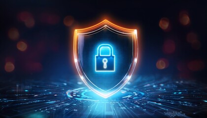 A glowing digital shield featuring a padlock, symbolizing cybersecurity and protection in a tech-savvy environment.