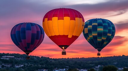 Fototapeta premium Colorful hot air balloons soaring against a vibrant sunset sky, showcasing the beauty of flight
