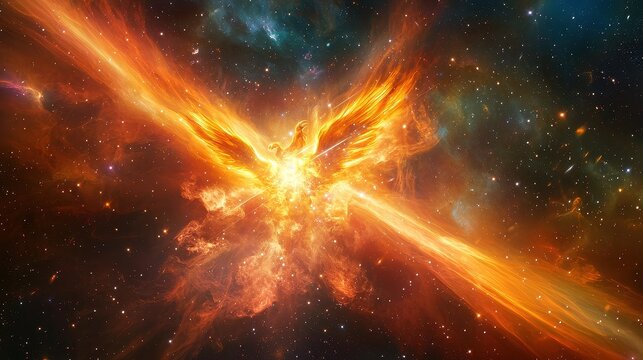 A radiant cosmic phoenix bursts forth from a nebula, its body composed of luminous plasma