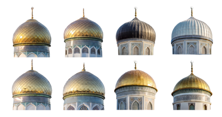 Different Styles of Mosque Domes with Golden and Colorful Finishes, isolated on transparent background