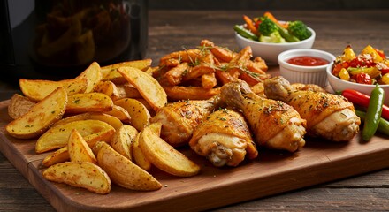 Crispy Air Fried Chicken Legs with Potato Wedges and Fresh Vegetables