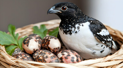 Fototapeta premium A black and white quail sits protectively in a woven wicker nest next to its speckled eggs and green leaves.