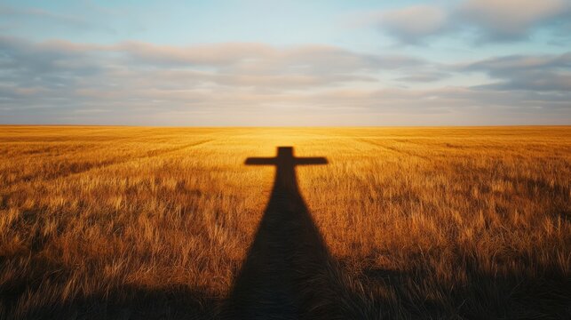 The symbolism of the cross-shaped shadow prompts the viewer to think. It may suggest faith, destiny, or a sense of meaning in life
