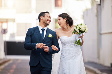 Happy, wedding and couple in city walking and laugh for marriage, ceremony and commitment. Love,...