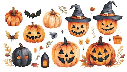 Halloween Pumpkins Watercolor Illustration