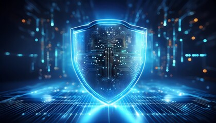A glowing shield representing digital security, embedded with data patterns, set against a futuristic, tech-inspired background.