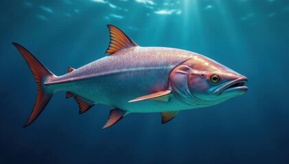 A shimmering amberjack shoal, deep blue backdrop, shoal, fish school