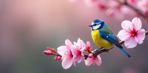 Obraz premium Blue tit perched on delicate pink cherry blossom branch, perched bird, nature