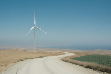 Winding road, wind turbine, hilltop vista