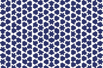 Hexagonal floral geometric pattern in midnight blue, forming an abstract pixel art design with structured symmetry. Digital concept
