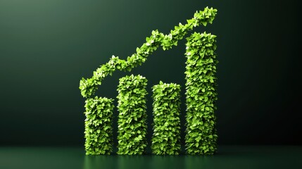 Minimalist 3D Rendering of Financial Growth Bar Graph Made of Green Leaves Against a Dark Background