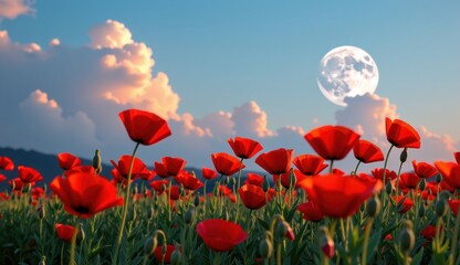 Obraz premium Red poppies sway in a vibrant field under a bright moonlit sky with fluffy clouds at dusk