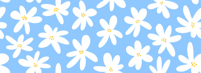 Hand drawn white flower seamless pattern. Floral repeating wallpaper for textile design, fabric, print, wrapping paper. Cute daisy flowers on blue background. Vector repeated cute ditsy texture