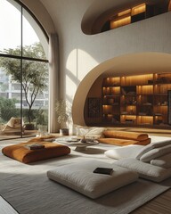 Fototapeta premium Modern Trendy Mocha Living Room Interior with Arched Design Bookshelf