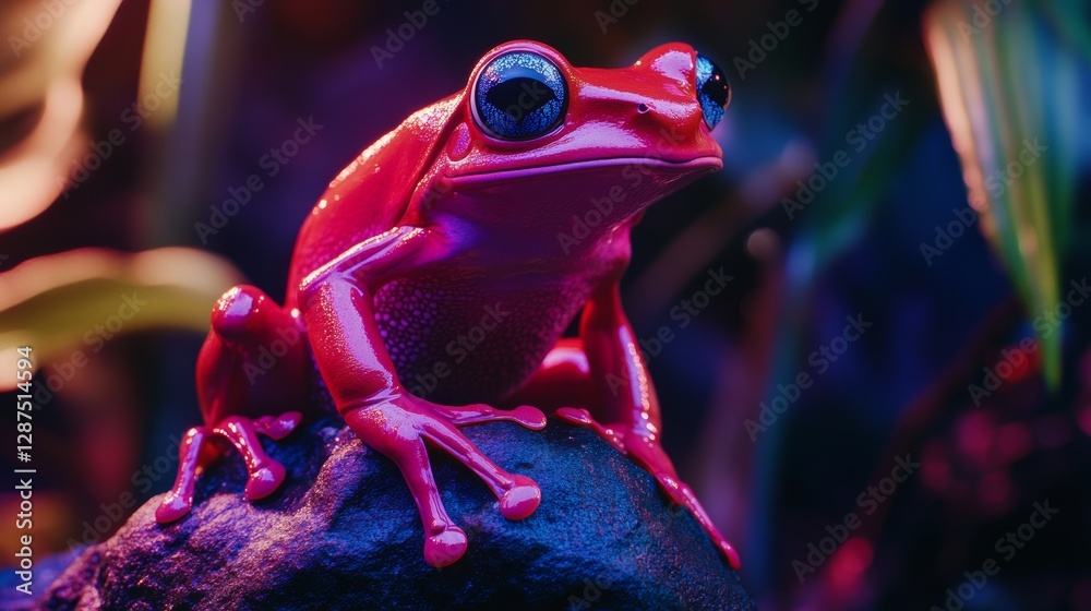 Poster vibrant red tree frog sitting on rock with lush jungle background, glowing eyes under soft illuminat