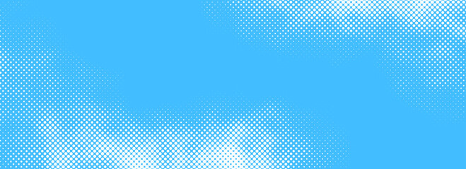 Dotted comic cloud background. Halftone clouds in bright blue sky. Pop art heaven wallpaper for banner, brochure, collage, leaflet, poster, flyer. Pixelated smoke, fog or smog texture. Vector backdrop