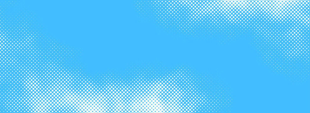 Dotted comic cloud background. Halftone clouds in bright blue sky. Pop art heaven wallpaper for banner, brochure, collage, leaflet, poster, flyer. Pixelated smoke, fog or smog texture. Vector backdrop