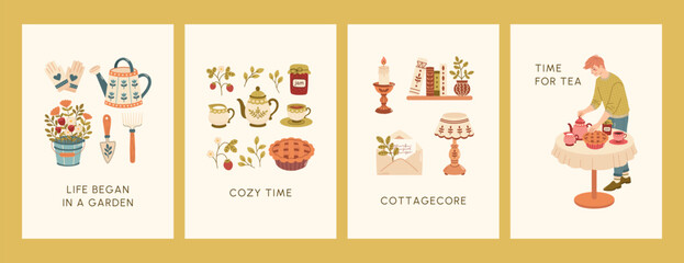 Cottagecore Spring Garden Greeting Cards Collection. Posters or banners with botanical elements, gardening tools, interior elements of cottage houses, summer houses, tea elements. Vector illustration.