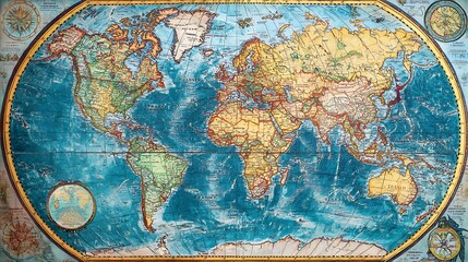 Vintage World Map with Colorful Oceans and Detailed Country Borders for Educational Use