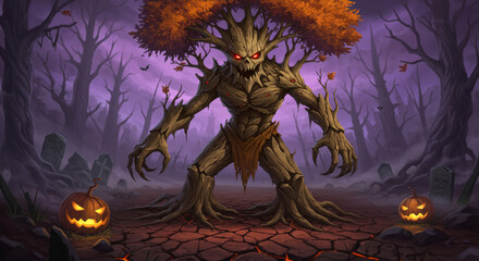 Fototapeta premium Spooky tree monster stands menacingly in a halloween themed forest