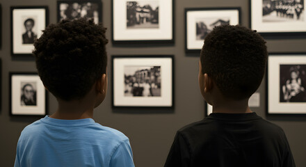 Focus on back view small two afro American kid boys with interest looking on pictures on the wall in gallery in Black history in community center on Black history month celebration.