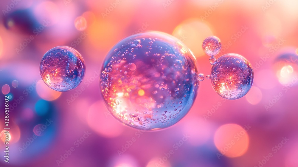 Poster Colorful macro close-up of transparent soap bubbles with abstract reflections on pink and orange background. Creativity and imagination concept