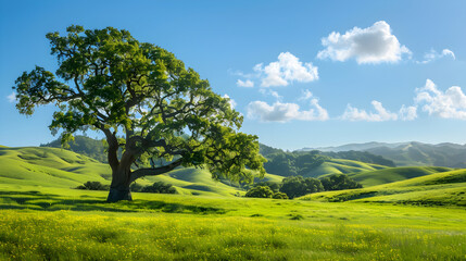 Fototapeta premium Majestic Oak Tree in Serene Green Meadow with Rolling Hills and Clear Blue Sky