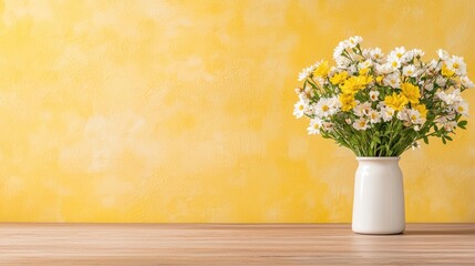 Daisies in vase on wood, yellow wall. Spring decor