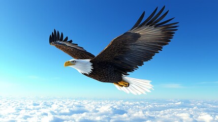 Obraz premium Majestic Bald Eagle Soaring High Above Clouds in Clear Blue Sky