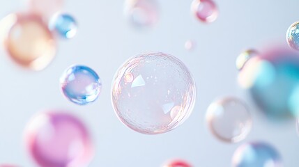 Colorful bubbles float gracefully against a soft background, creating a dreamy and whimsical atmosphere.