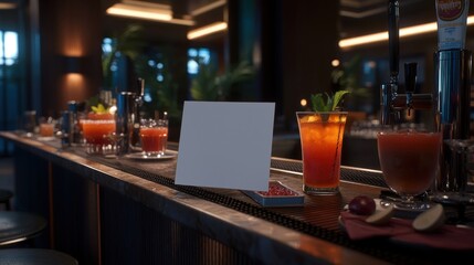 Fototapeta premium Vibrant bar scene showcasing colorful cocktails, empty sign, and lush greenery in the background