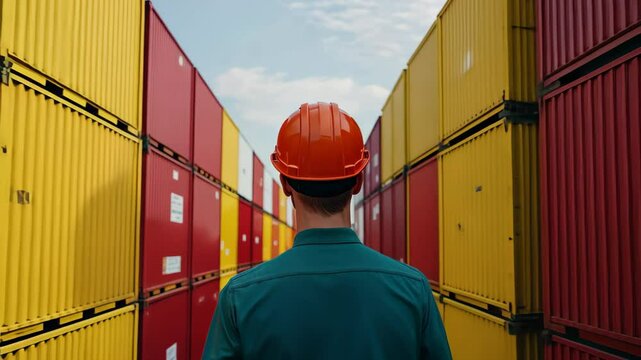 Back view of a worker wearing an orange hard hat and teal shirt standing between rows of red and yellow shipping containers under a clear sky Logistics and industrial work transportation trade design