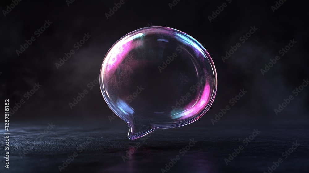 Poster Transparent speech bubble with colorful reflections on dark background. Abstract communication and conversation concept