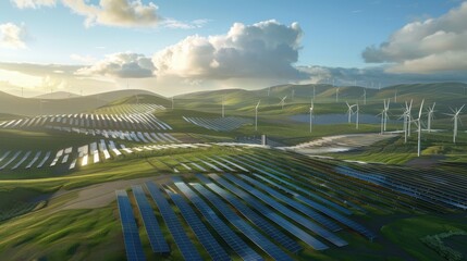 Aerial view of a vast solar farm with rows of solar panels and wind turbines generating renewable energy in a lush green landscape.

