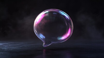 Transparent speech bubble with colorful reflections on dark background. Abstract communication and conversation concept