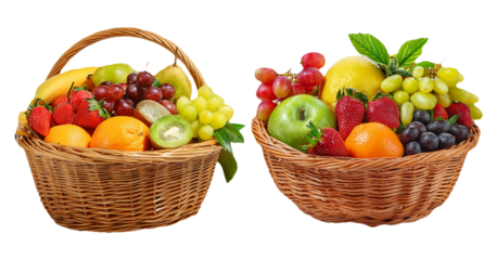 Assorted fruit baskets with apples bananas and grapes isolated on transparent background