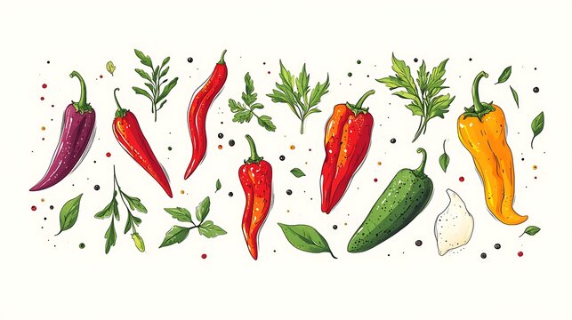A collection of exotic spicy vegetable illustrations, featuring dragon peppers, wasabi plants, and smoked chipotle. Clean, flat vector design with bold,