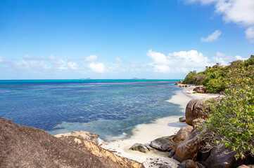 Anse Bateau Beach, Island Praslin, Republic of Seychelles, Africa.