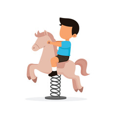 Boy playing on playground toy horse. Cartoon flat vector illustration