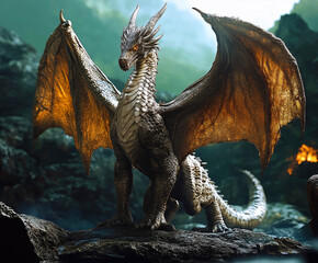 Obraz premium A regal dragon basking in the light of a distant fire.