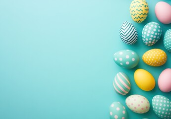 Fototapeta premium Easter Eggs on Turquoise Background, Minimalistic Flat Lay Style, Top View, Pastel Colors, Polka Dots, Stripes, Copy Space