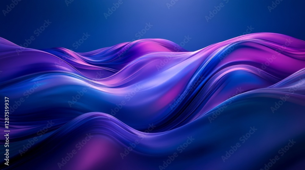Poster abstract waves of vibrant purple and blue tones with a smooth texture, dynamic flow and calming ambi