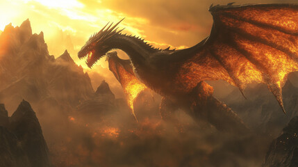 A majestic dragon with massive wings spread wide, soaring above a misty mountain range
