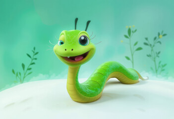 Fototapeta premium Smiling Green Snake Cartoon Character with Large Eyes and Friendly Expression