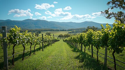 Naklejka premium Lush Green Vineyard Rows Under Bright Blue Sky and Scenic Mountain Landscape