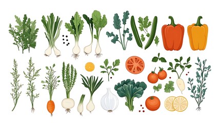 Fototapeta premium A modern flat vector set of farm-fresh vegetables, including onions, zucchini, bell peppers, and leafy greens. Minimalist design with balanced compositions and bright, inviting colors. --ar 16:9
