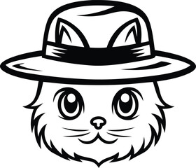 Cute cat face wearing a cap line art vector, Black color Cute cat face wearing a cap silhouette vector illustration, Cute cat face wearing a cap vector icon design